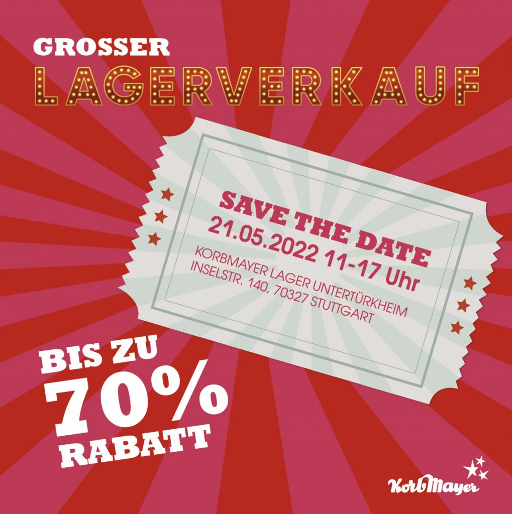 Grosser Lagerverkauf Banner mit folgende Informationen: Save the date! Am 21.05.