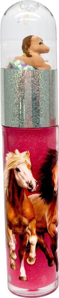 Veganer Lipgloss Pferdefreunde mit Pferde-Schneekugel und Kirschduft, glutenfrei, schimmernd rosa