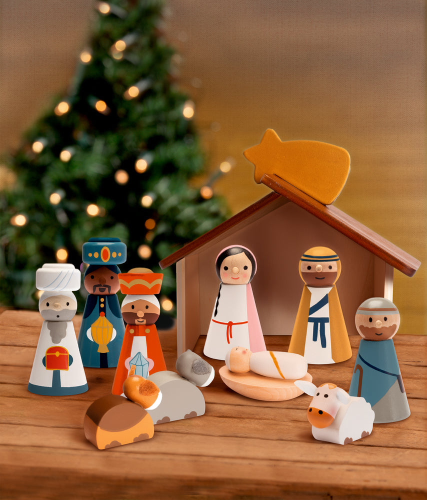 Holzkrippe mit Figuren - Fröhliche Weihnachten