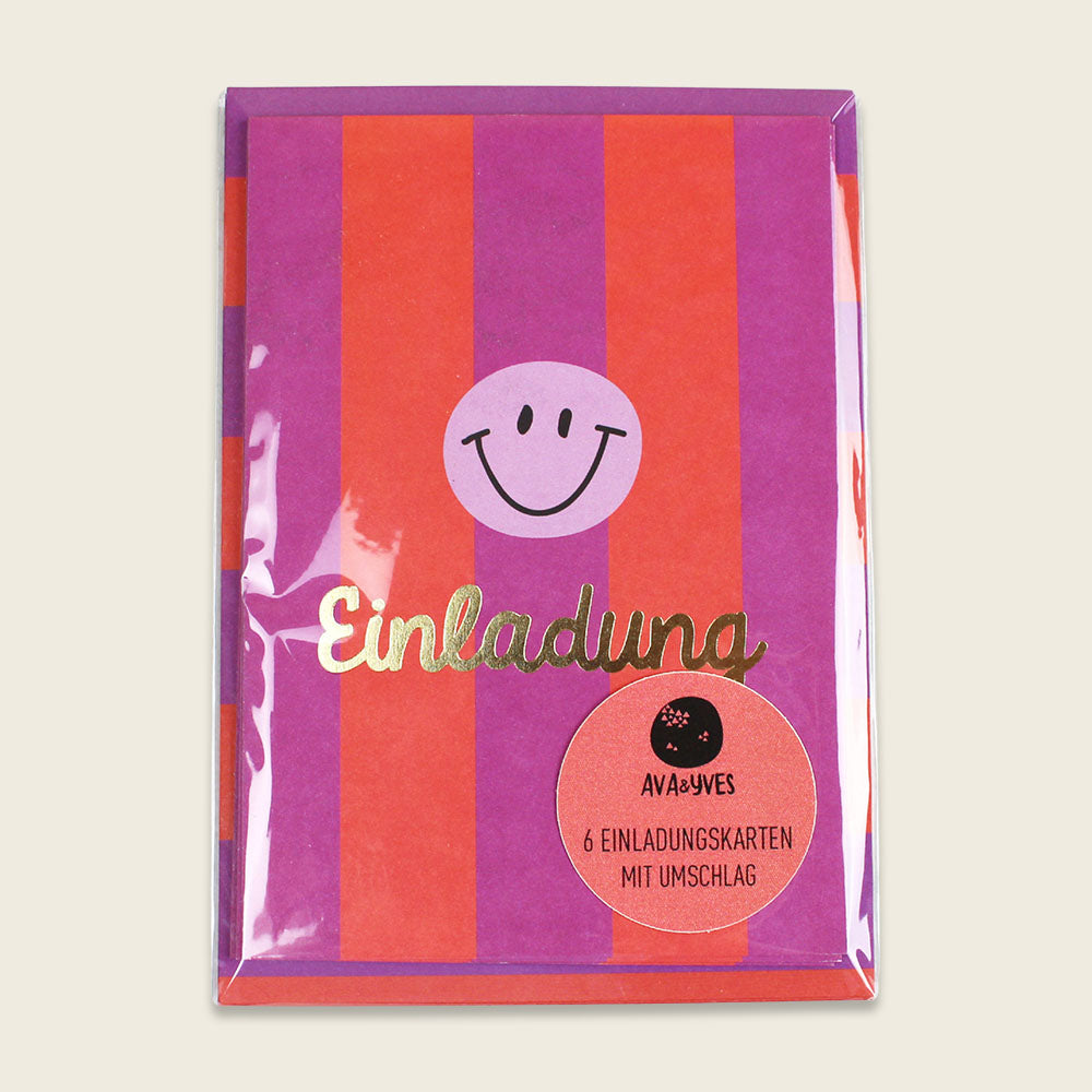 Einladungsset mit Goldfolie Stripes/ violett/koralle/flieder