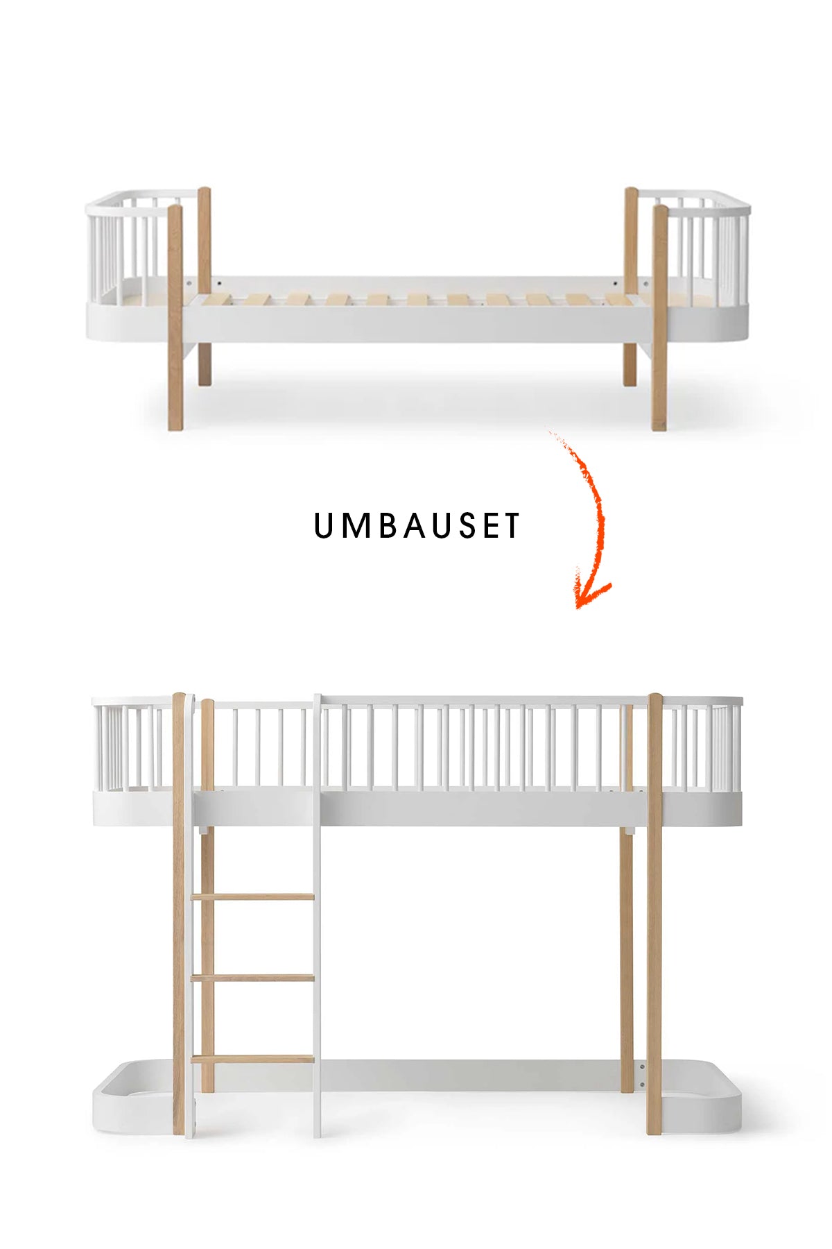 Wood Umbau-Set vom Original Einzelbett/Juniorbett/Junior Bettsofa zum halbhohen Hochbett 138 cm, weiß/eiche