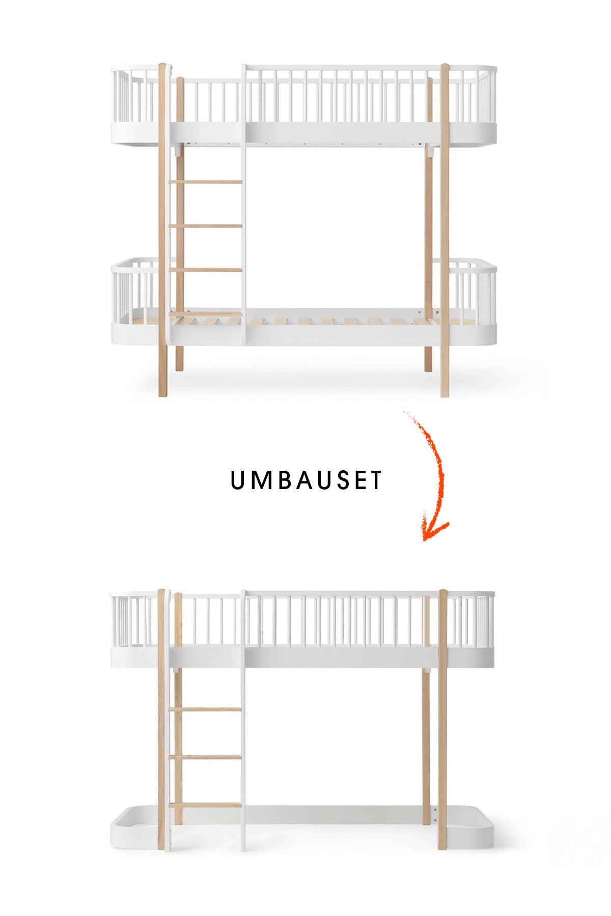 Umbau-Set vom Original Etagenbett zum halbhohen Hochbett 138 cm, weiß/Eiche