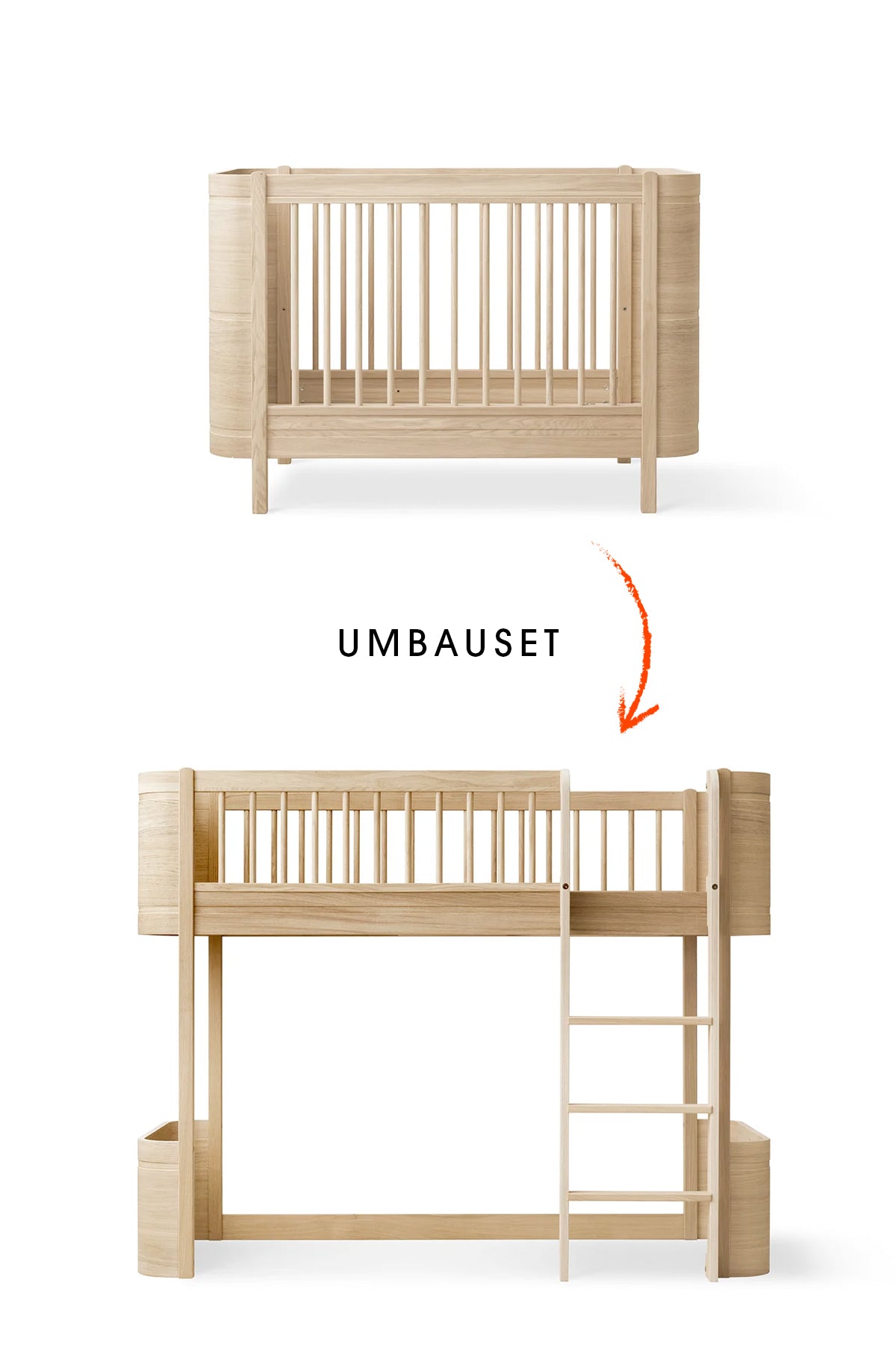 Wood Umbau-Set vom Mini+ Babybett inkl. Umbau-Set Juniorbett zum halbhohen Hochbett/ Eiche
