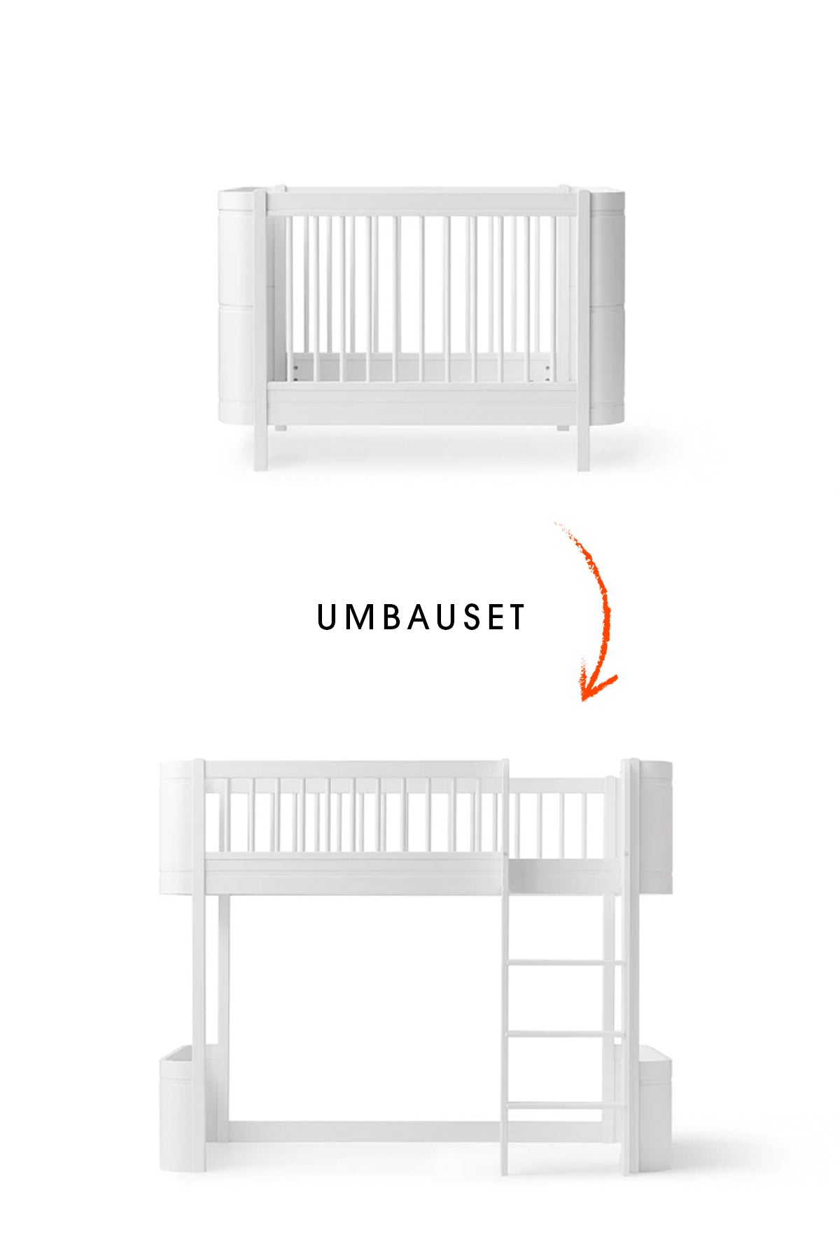 Wood Umbau-Set vom Mini+ Babybett inkl. Umbau-Set Juniorbett zum halbhohen Hochbett/ weiß