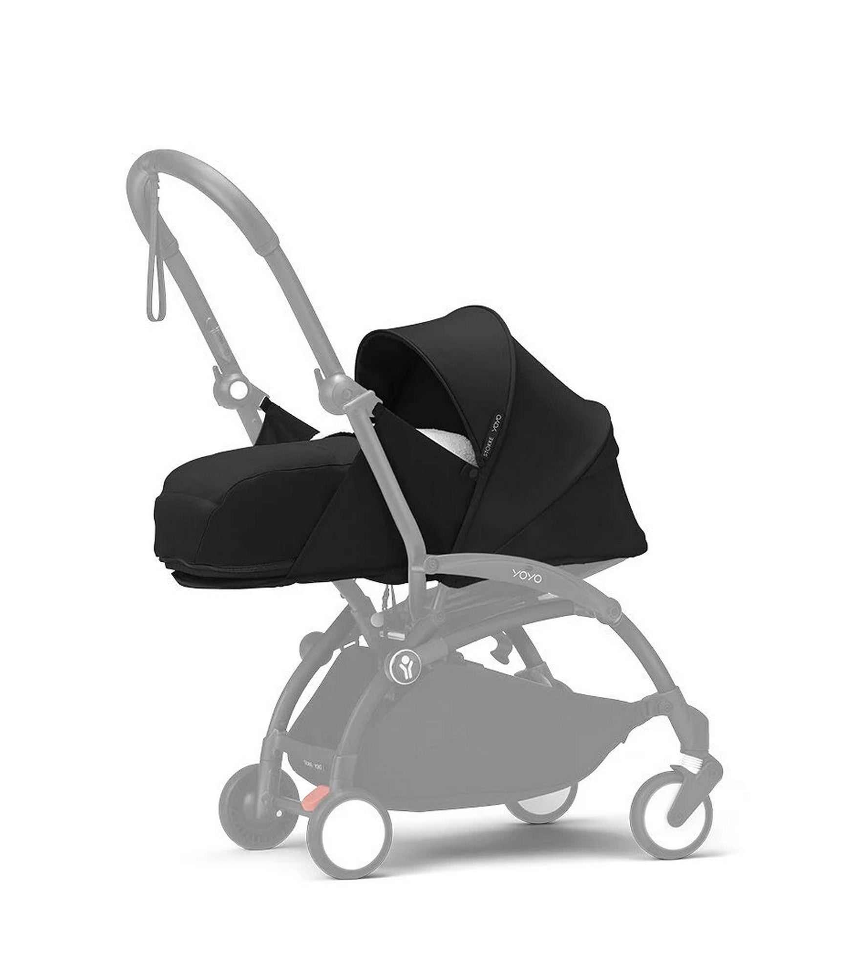 Stokke® YOYO® 0+ Neugeborenen-Set in Schwarz mit weicher Nestchenauflage und 5-Punkt-Gurt für Neugeborene bis 9 kg