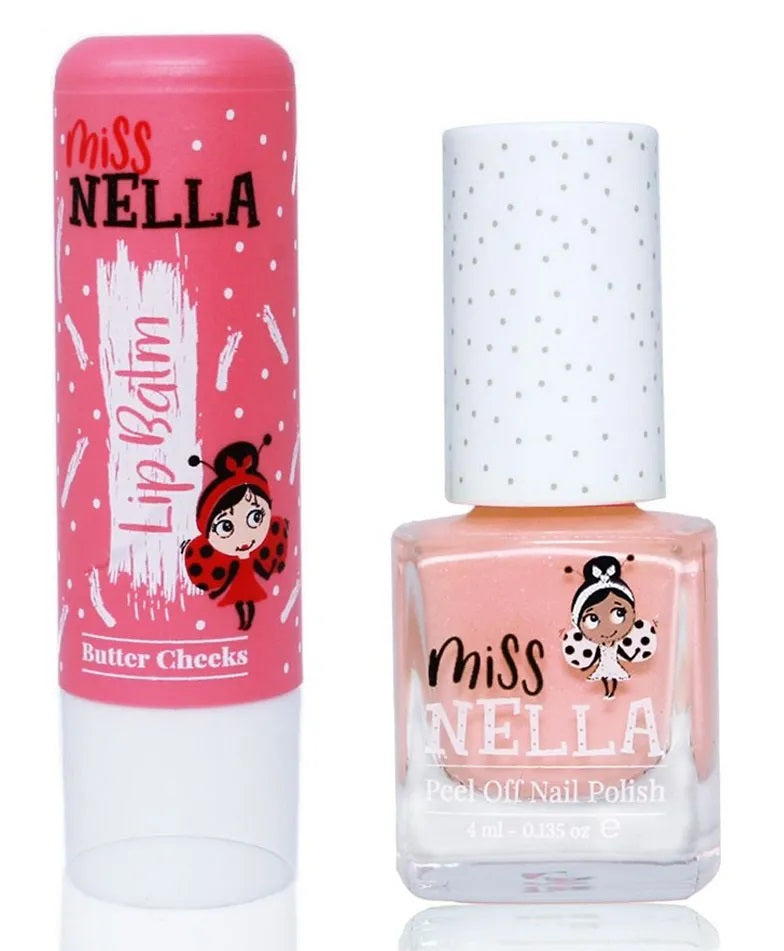 Miss Nella Butter Cheeks Lippenbalsam  + Miss Nella Peach Slushie abziehbarer Nagellack - korbmayer. ganz besonders. für kinder.