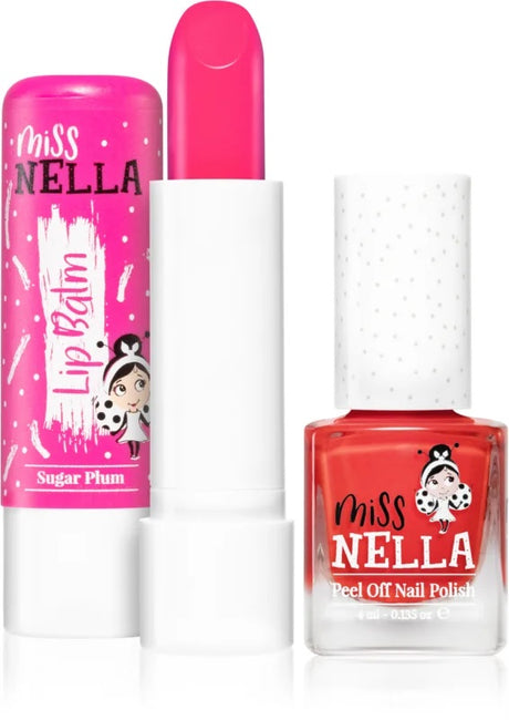 Miss Nella Sugar Plum Lippenbalsam  + Miss Nella Tickle Me Pink Glitter abziehbarer Nagellack - korbmayer. ganz besonders. für kinder.